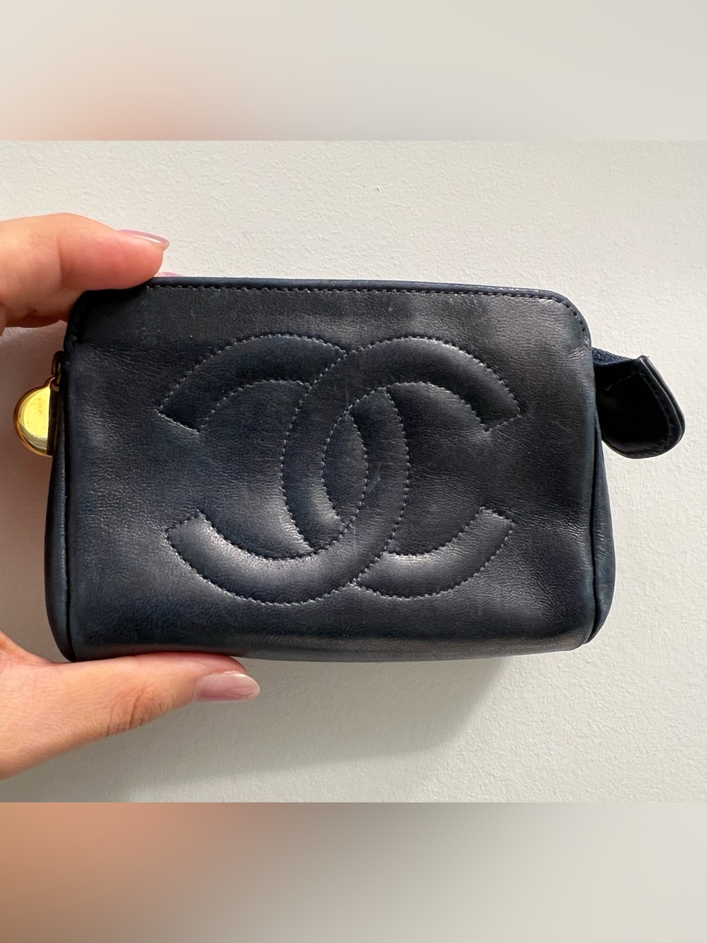 CHANEL Navy Quilted Leather Pouch with Gold Zip Pull